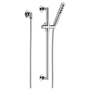 Chrome slide bar shower system with angled handshower head, vertical rail, and adjustable holder on flexible hose.