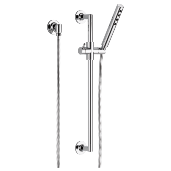 Chrome slide bar shower system with angled handshower head, vertical rail, and adjustable holder on flexible hose.