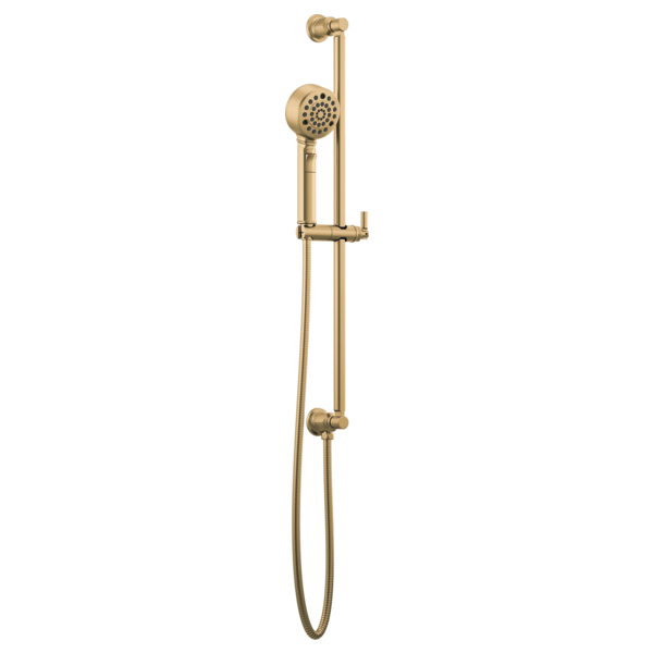 Champagne bronze slide bar handshower system with round showerhead and flexible hose connection.