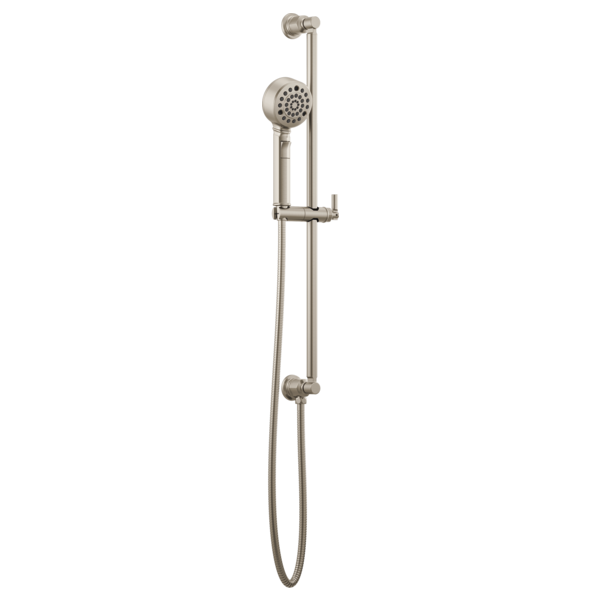Brushed nickel slide bar handshower with perforated showerhead and hose attachment.