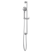 Chrome slide bar handshower system with circular showerhead, vertical rail, adjustable bracket, and flexible hose.