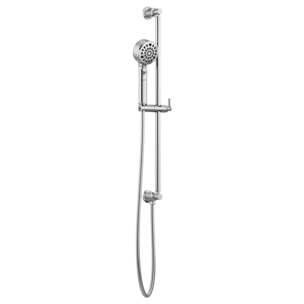 Chrome slide bar handshower system with circular showerhead, vertical rail, adjustable bracket, and flexible hose.
