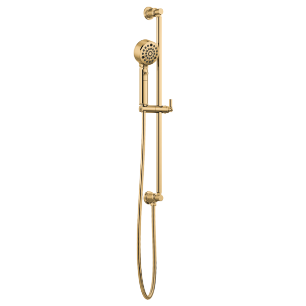 Brass slide bar handshower with perforated showerhead, vertical rail, adjustable bracket, and hose against white background.