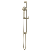 Polished nickel slide bar handshower with multi-function showerhead, adjustable bracket, and hose attachment.