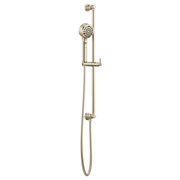 Polished nickel slide bar handshower with multi-function showerhead, adjustable bracket, and hose attachment.