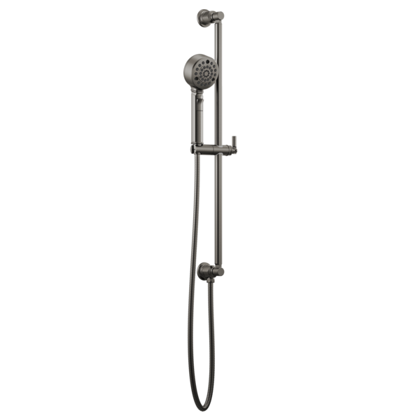 Chrome slide bar handshower with adjustable height bracket, perforated showerhead, and flexible hose connection.