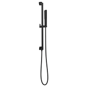 Black matte slide bar handshower system with integrated hose and adjustable mounting brackets.