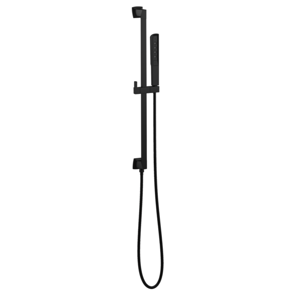 Black matte slide bar handshower system with integrated hose and adjustable mounting brackets.