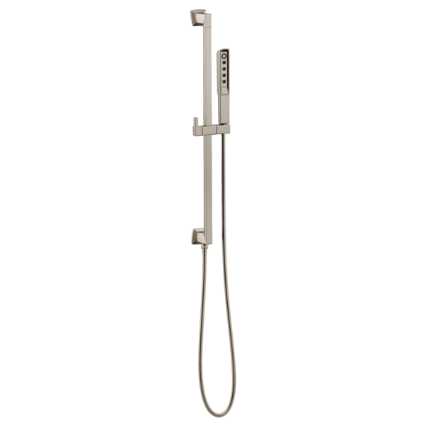 Brushed nickel slide bar handshower with vertical rail, control buttons, and hose connection.