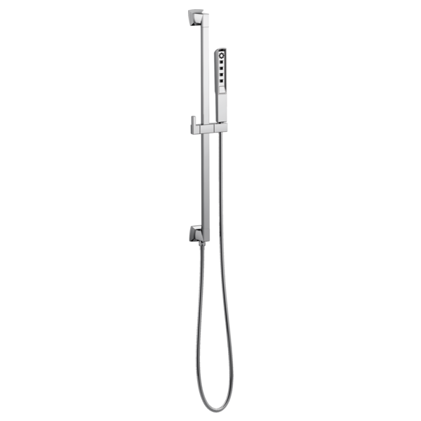 Chrome slide bar handshower with vertical rail, adjustable holder, and hose connection.