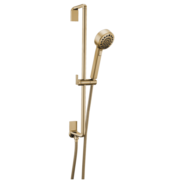 Champagne bronze slide bar handshower with perforated showerhead, adjustable bracket, and flexible hose.