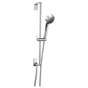 Chrome slide bar handshower with adjustable bracket and flexible hose connection.