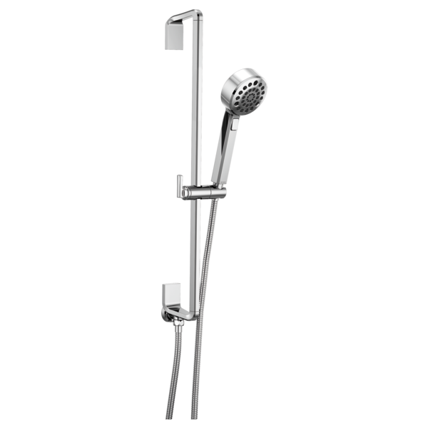 Chrome slide bar handshower with adjustable bracket and flexible hose connection.