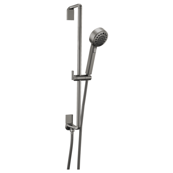 Chrome slide bar handshower with perforated showerhead, adjustable holder, and flexible hose.
