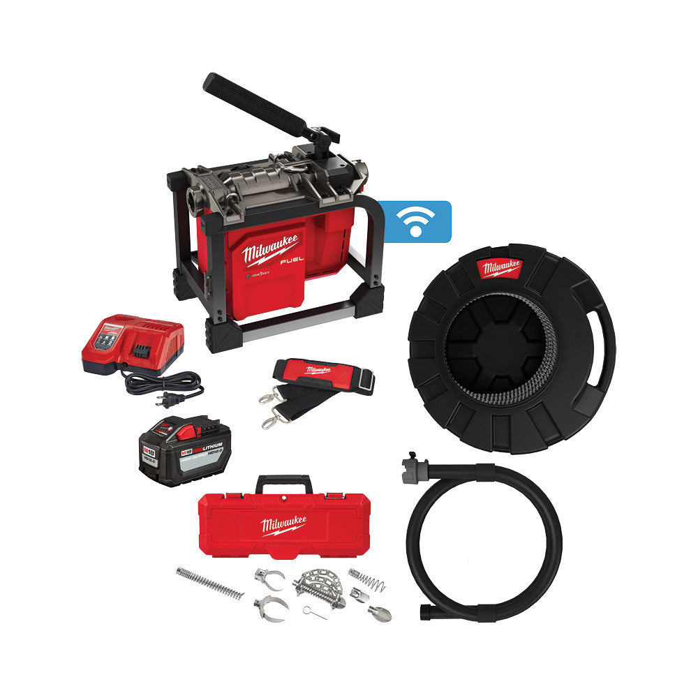 Milwaukee M18 FUEL sectional machine with red motor unit, battery, charger, cable reel, hose, and accessories kit displayed.