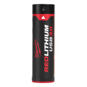 Black cylindrical Milwaukee REDLITHIUM USB battery with red stripe and white triangle indicator on top.