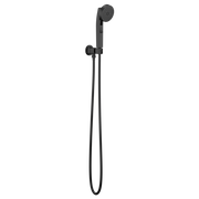 Matte black wall-mounted handshower with circular showerhead, adjustable holder, and flexible hose.