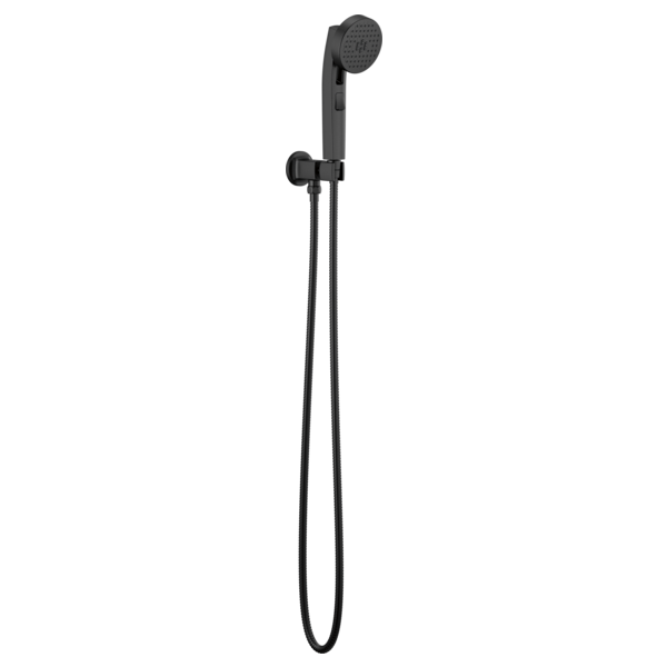 Matte black wall-mounted handshower with circular showerhead, adjustable holder, and flexible hose.