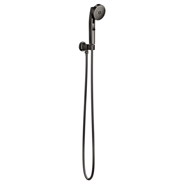 Black wall-mounted handshower with adjustable holder, hose, and perforated shower head.