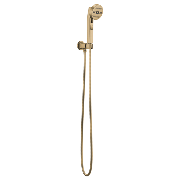 Champagne bronze wall-mount handshower with perforated head and flexible hose on white background.