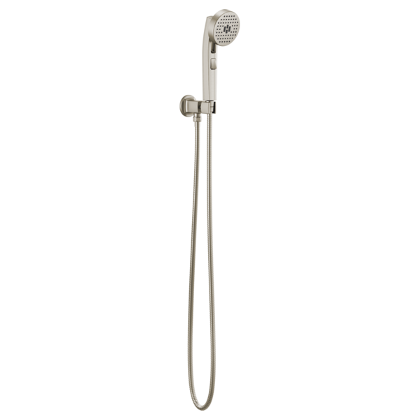 Brushed nickel wall-mounted handshower with adjustable holder and flexible hose.