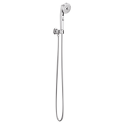 Chrome wall-mounted handshower with perforated head, flexible hose, and adjustable bracket.