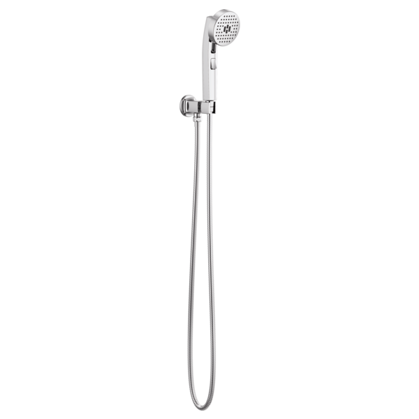 Chrome wall-mounted handshower with perforated head, flexible hose, and adjustable bracket.