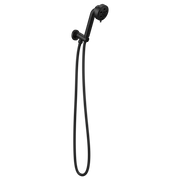 Matte black wall-mounted handshower with curved arm, round showerhead, and attached hose.