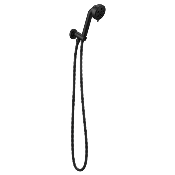 Matte black wall-mounted handshower with curved arm, round showerhead, and attached hose.