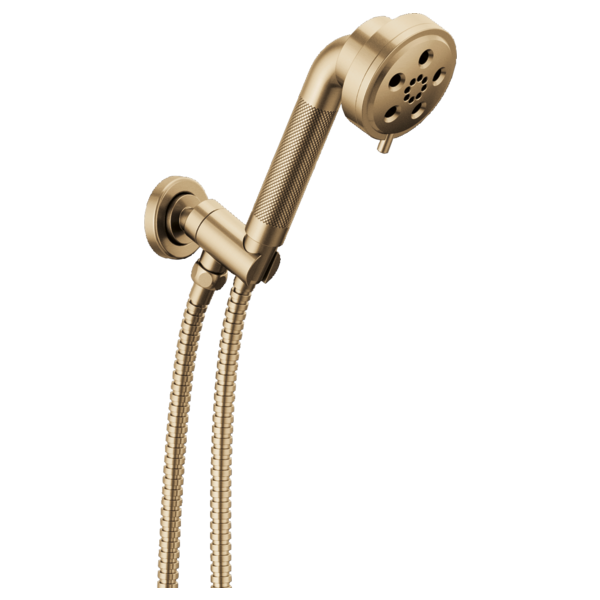 Champagne bronze wall-mounted handshower with flexible hose and round showerhead with multiple spray holes.