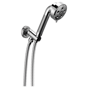 Chrome wall-mounted handshower with adjustable wand and braided hose connector.