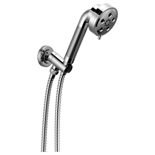 Chrome wall-mounted handshower with adjustable wand and braided hose connector.