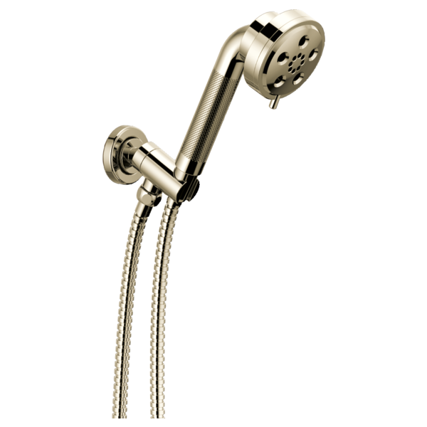 Brushed nickel wall-mounted handshower with adjustable holder, flexible hose, and multi-jet showerhead.