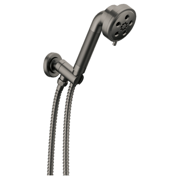 Gunmetal gray wall-mounted handheld showerhead with textured grip, round spray head, and two flexible hoses.