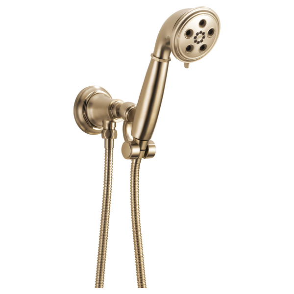Brushed nickel wall-mounted handshower with circular showerhead, flexible hose, and adjustable holder bracket.