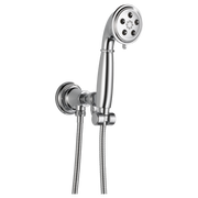 Chrome wall-mounted handshower with circular showerhead featuring multiple jets and flexible hose connection.