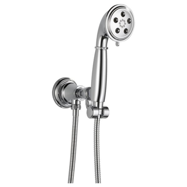 Chrome wall-mounted handshower with circular showerhead featuring multiple jets and flexible hose connection.