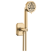 Polished gold wall-mount hand shower with circular showerhead, angled arm, and flexible hose attached to square wall plate.
