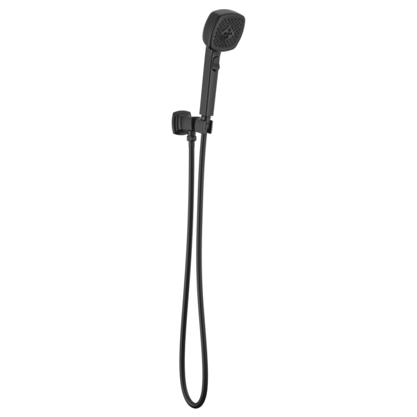 Black wall-mounted handshower with adjustable bracket and hose connection.