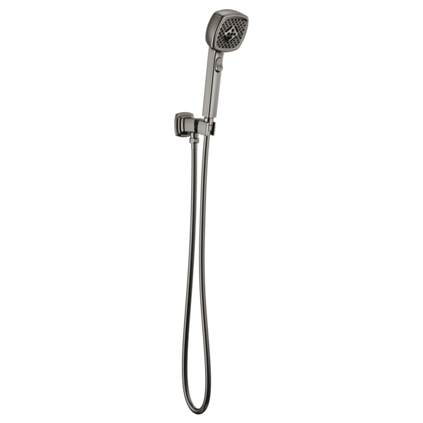 Chrome wall mount handshower with square spray head, adjustable holder, and flexible hose.