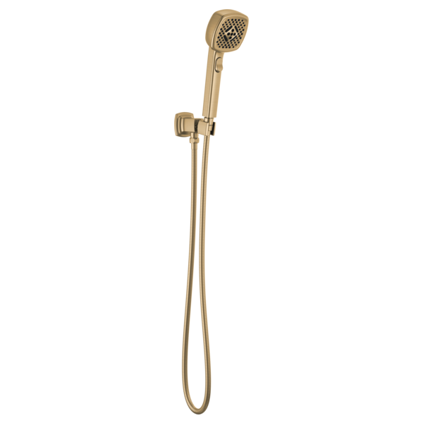 Champagne bronze wall-mounted handshower with perforated head, adjustable bracket, and flexible hose.