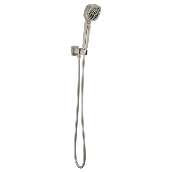 Brushed nickel wall-mount handshower with square head and flexible hose with adjustment bracket.