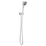 Chrome wall-mounted handshower with square head, adjustable bracket, and flexible hose.