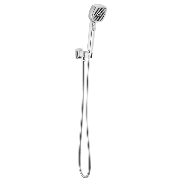 Chrome wall-mounted handshower with square head, adjustable bracket, and flexible hose.