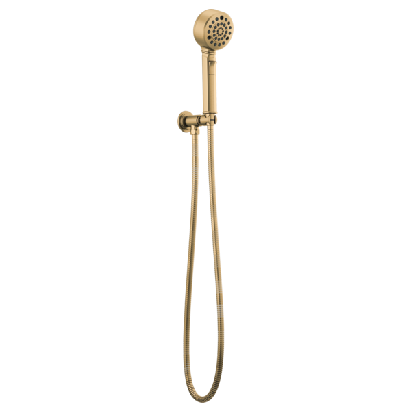 Champagne bronze wall-mounted handshower with adjustable bracket, flexible hose, and perforated showerhead.