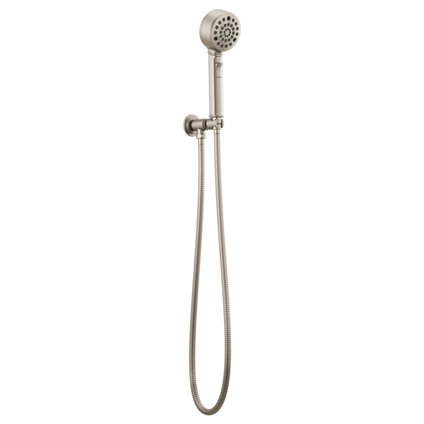 Brushed nickel wall-mounted handshower with flexible hose and control valve on white background.