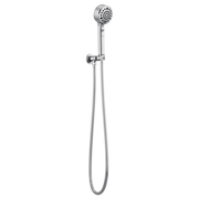 Chrome wall-mounted handshower with adjustable holder and flexible hose against white background.