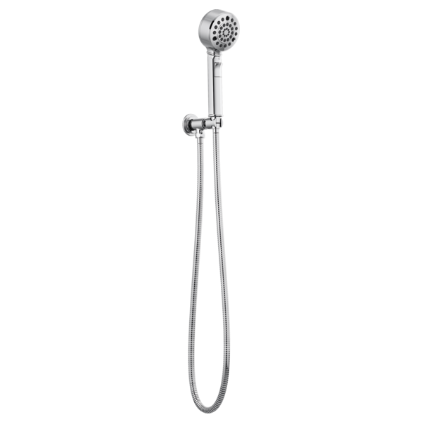 Chrome wall-mounted handshower with adjustable holder and flexible hose against white background.