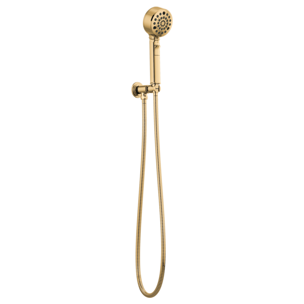 Gold wall-mounted handshower with perforated head, flexible hose, and wall bracket with adjustment lever.