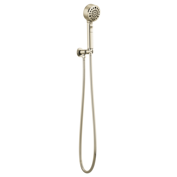 Polished nickel wall-mount handshower with perforated showerhead, flexible hose, and control valve.